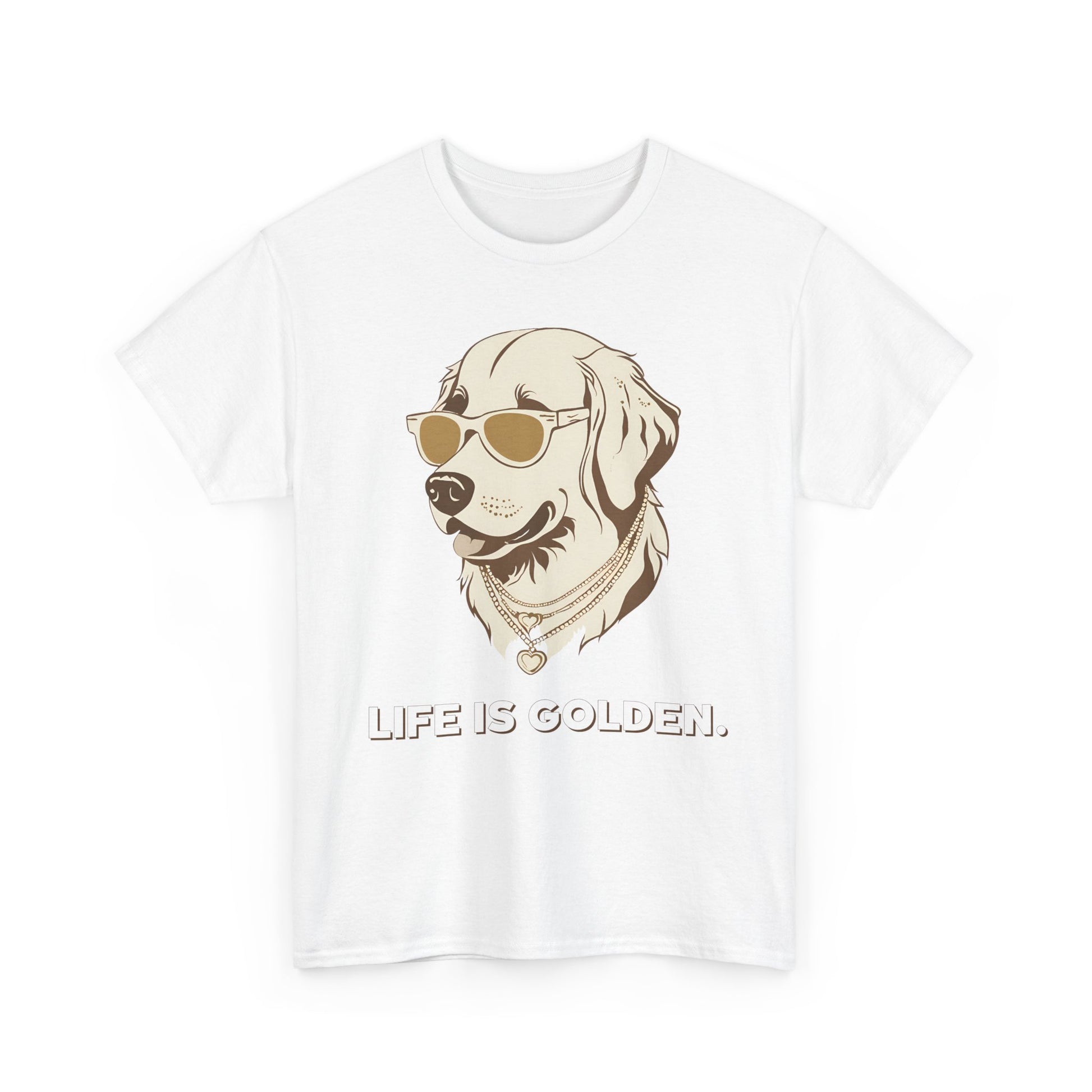 T-shirt illustration of a Golden Retriever wearing sunglasses and gold chains with the text 'Life is Golden' in bold font below.